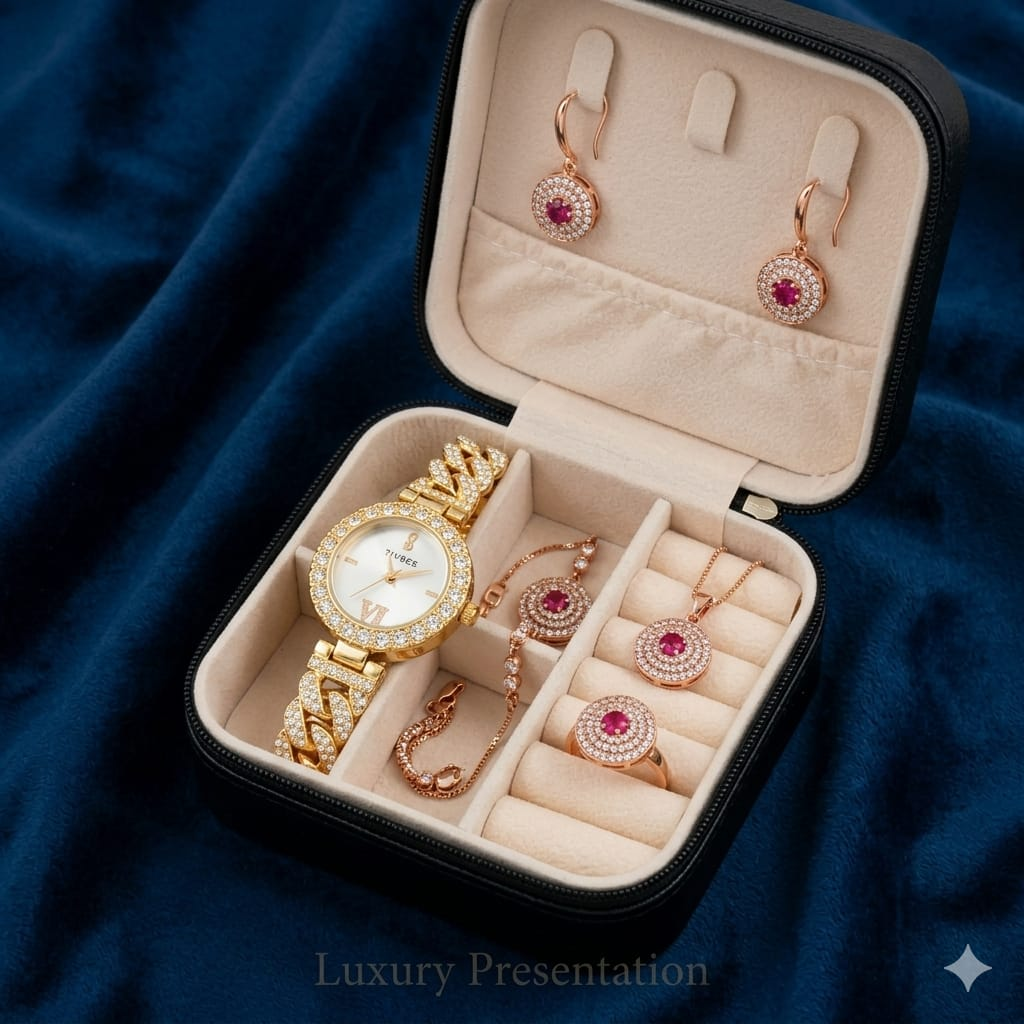 Ladies Gift Set With Fancy Beautiful Zircon Watch & Micro Zircon Combo Set